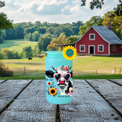 16oz Glass Tumbler – Floral Heifer Cow with Sunglasses