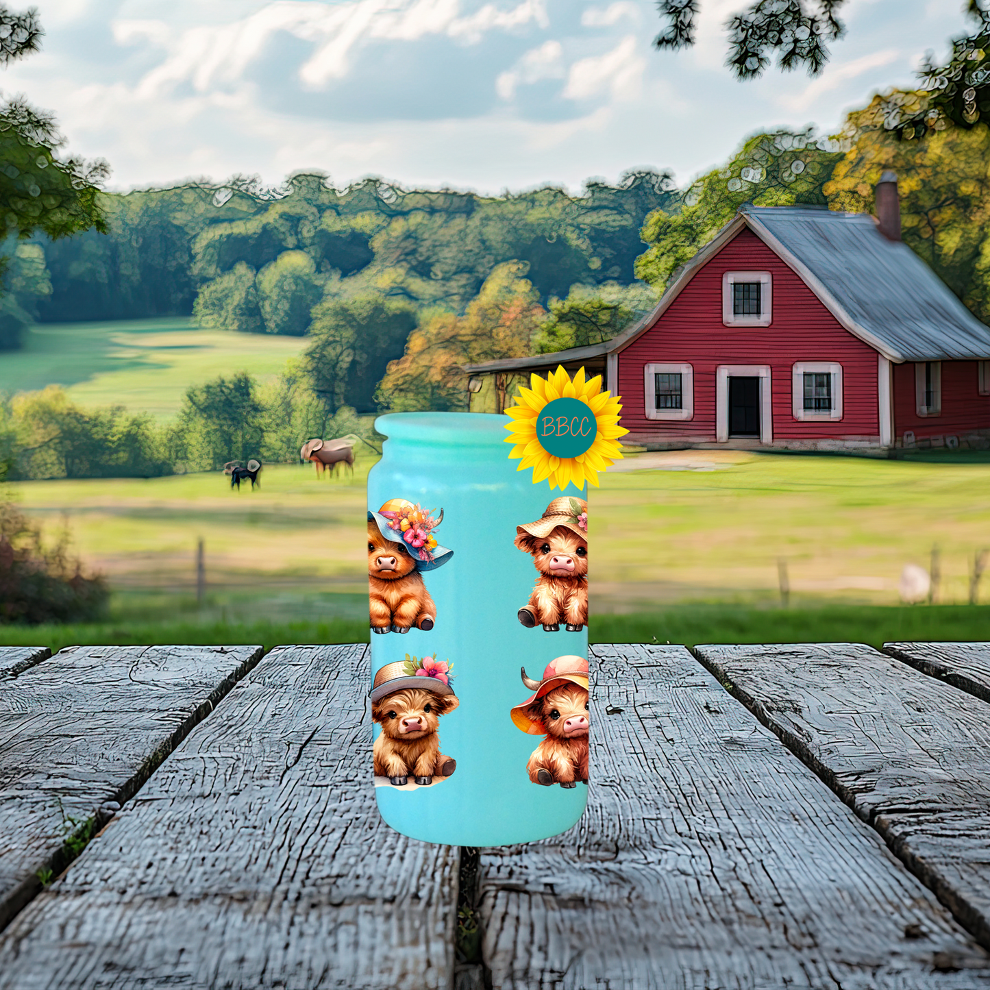 16oz Glass Tumbler – Highland Cow Summer Hats