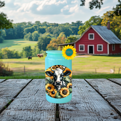 16oz Sunflower Cow Circle Glass Tumbler