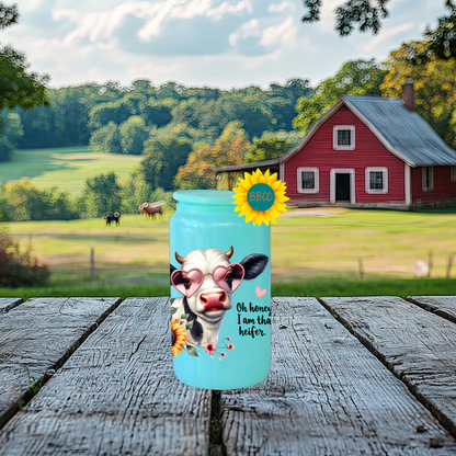 16oz Glass Tumbler – That Heifer Cow with Heart Glasses