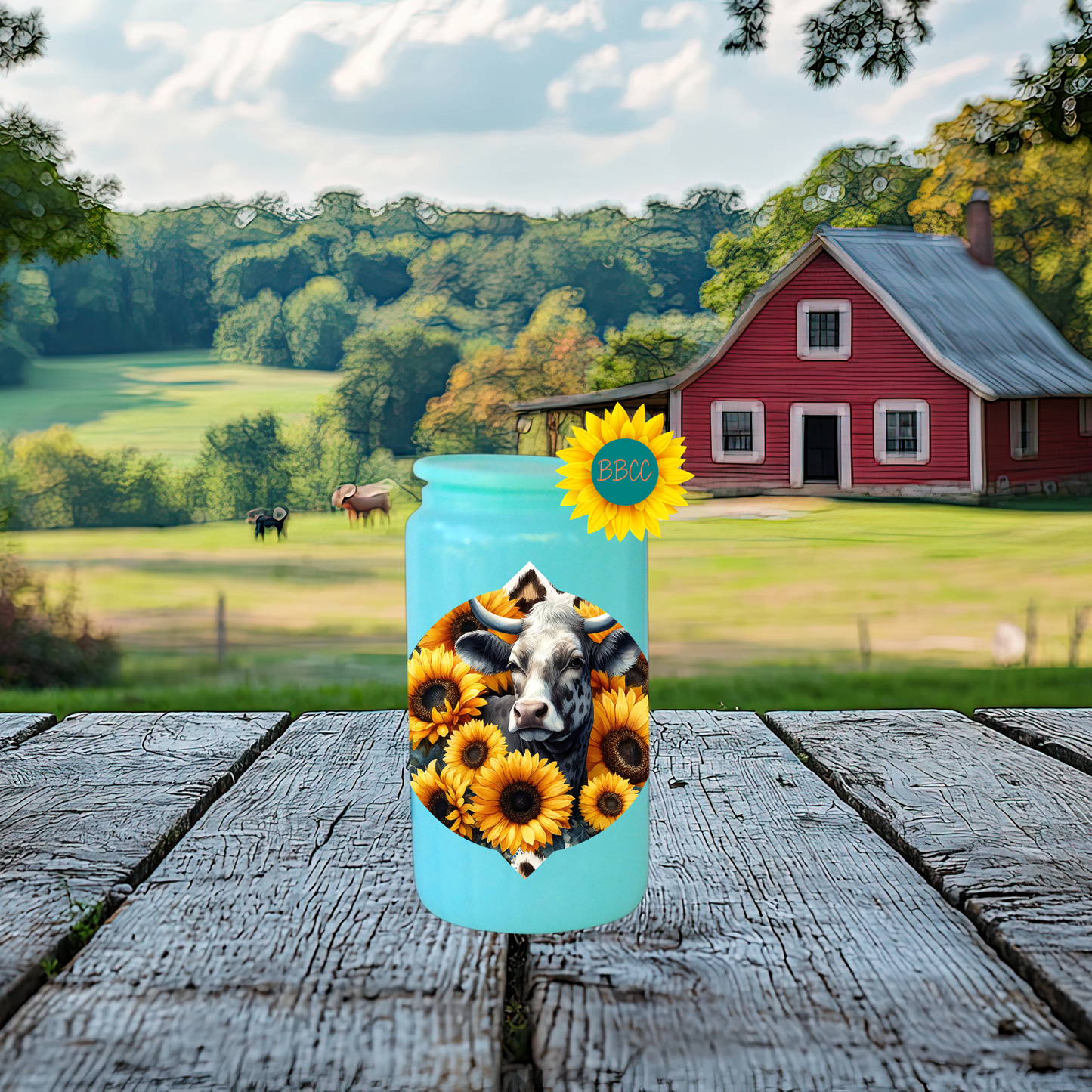 16oz Sunflower Cow Floral Glass Tumbler