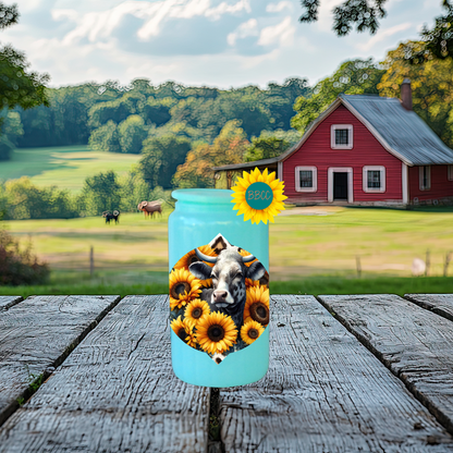 16oz Sunflower Cow Floral Glass Tumbler
