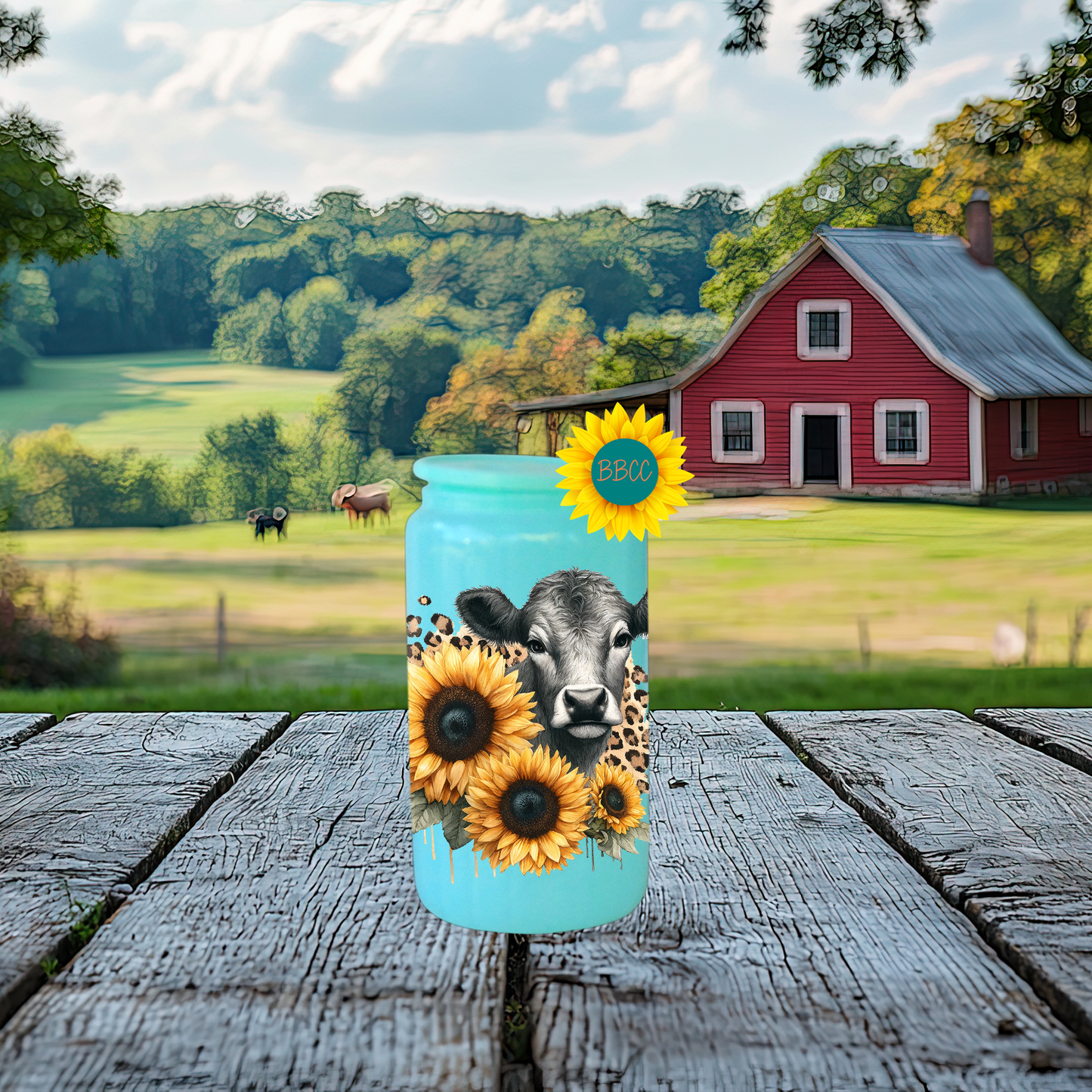 16oz Sunflower Cow Glass Tumbler