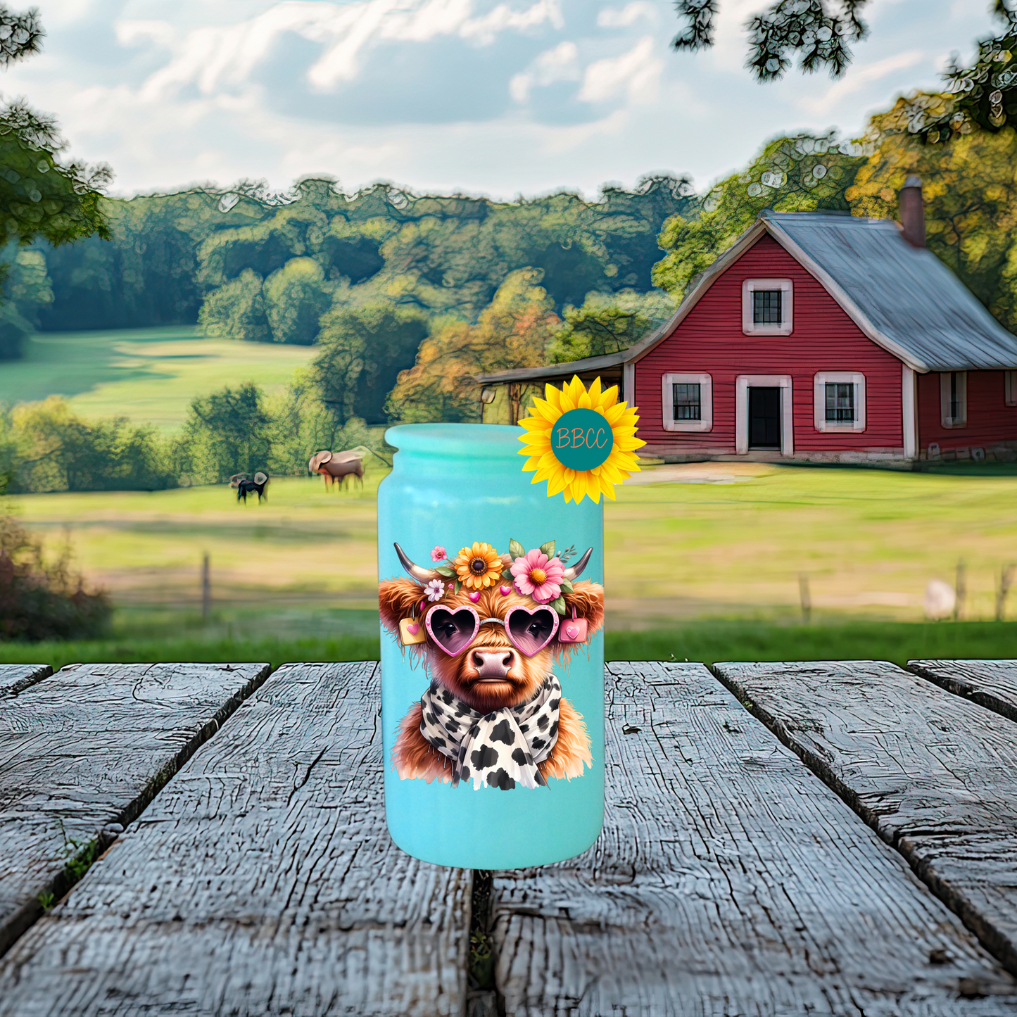 16oz Glass Tumbler – Floral Highland Cow