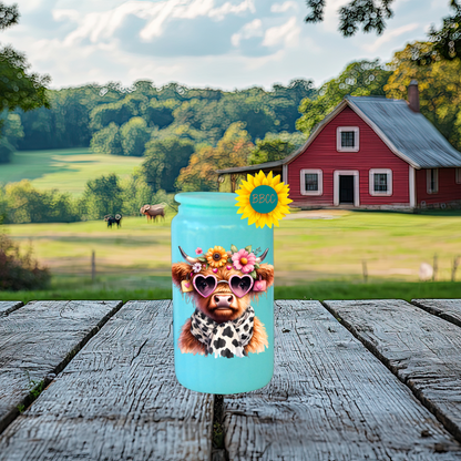 16oz Glass Tumbler – Floral Highland Cow