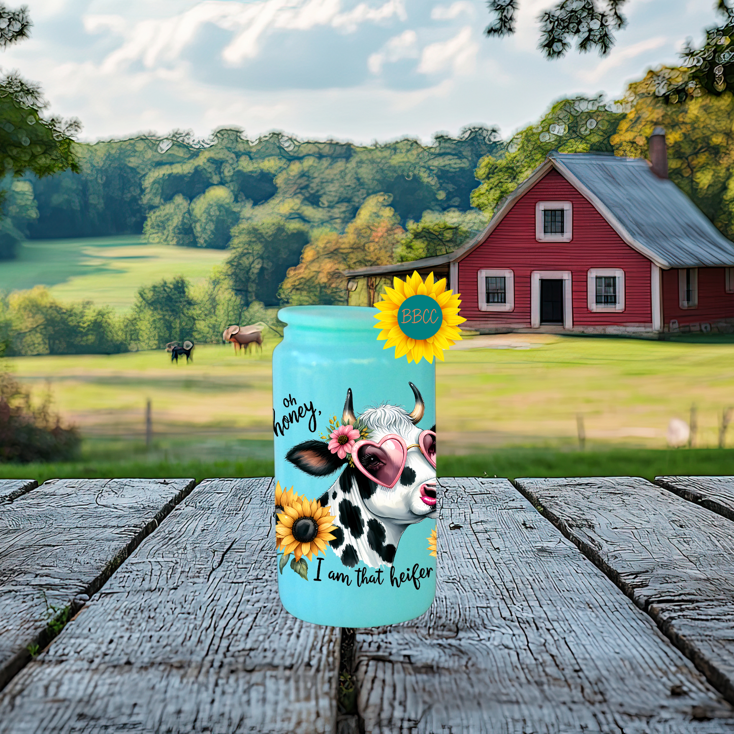 16oz Glass Tumbler – Sassy Cow Oh Honey That Heifer Design
