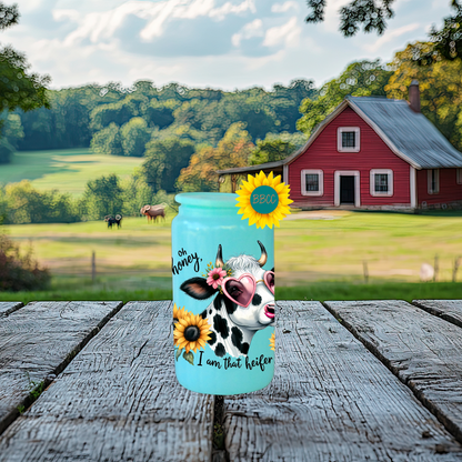 16oz Glass Tumbler – Sassy Cow Oh Honey That Heifer Design