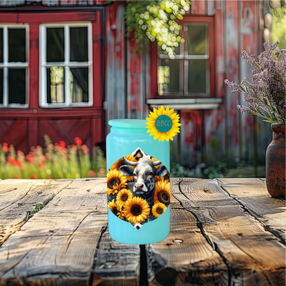 16oz Sunflower Cow Floral Glass Tumbler