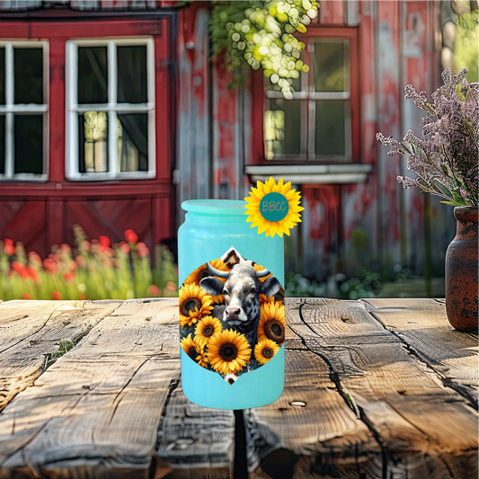 16oz Sunflower Cow Floral Glass Tumbler