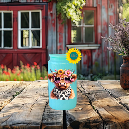 16oz Glass Tumbler – Floral Highland Cow