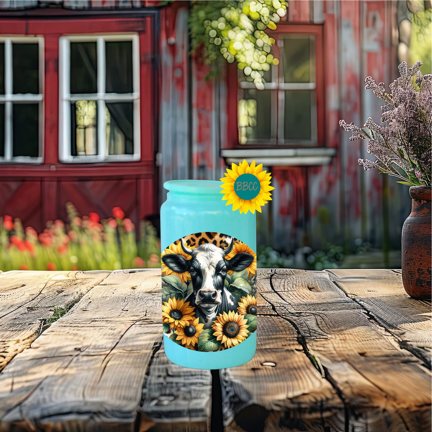 16oz Sunflower Cow Circle Glass Tumbler