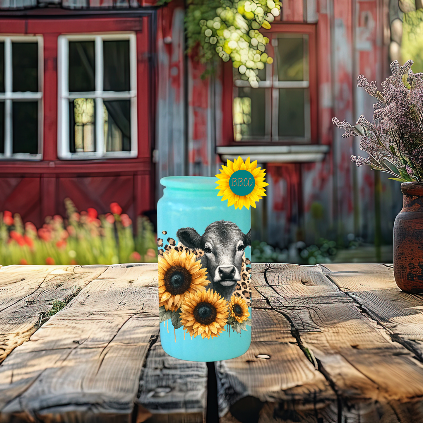16oz Sunflower Cow Glass Tumbler
