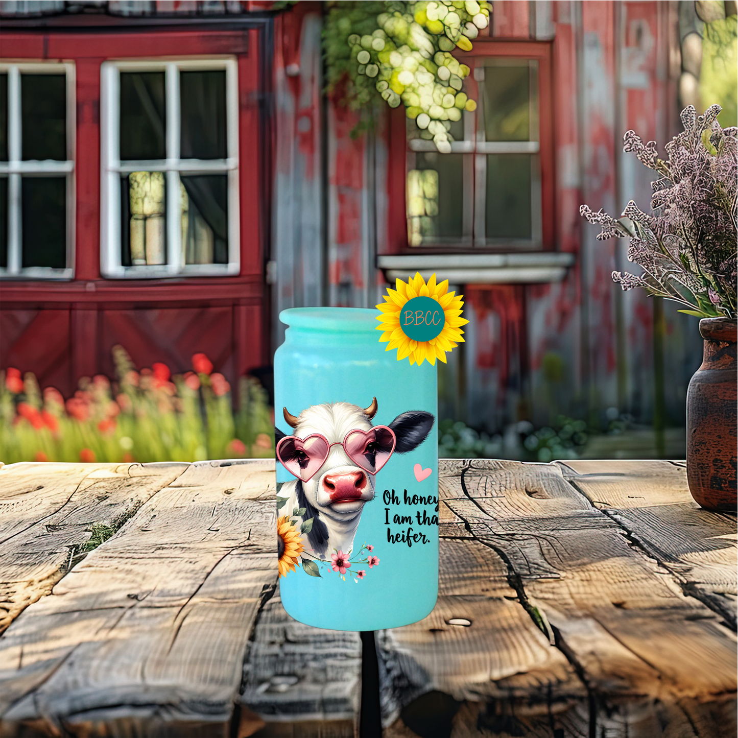 16oz Glass Tumbler – That Heifer Cow with Heart Glasses