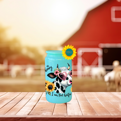16oz Glass Tumbler – Sassy Cow Oh Honey That Heifer Design