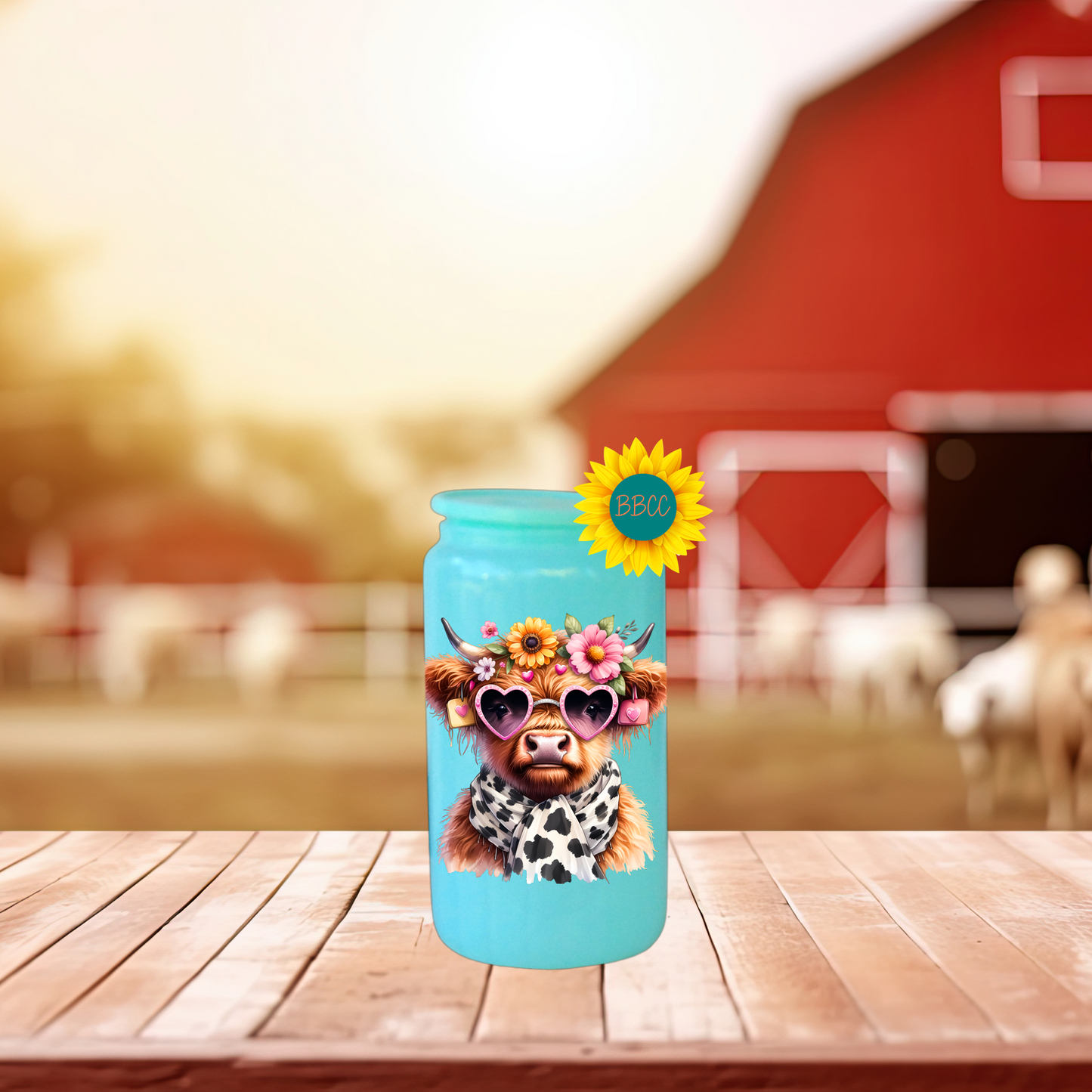 16oz Glass Tumbler – Floral Highland Cow