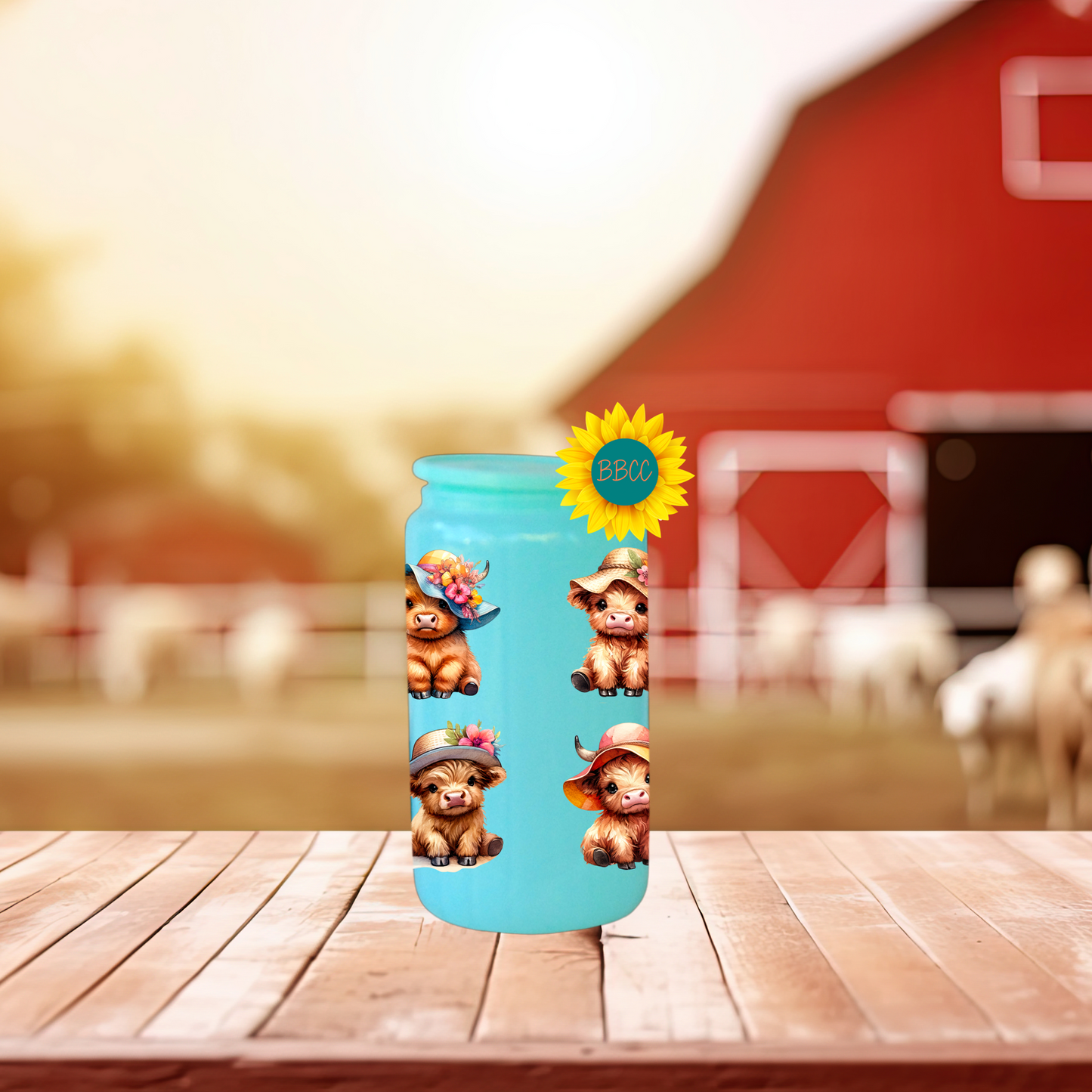 16oz Glass Tumbler – Highland Cow Summer Hats