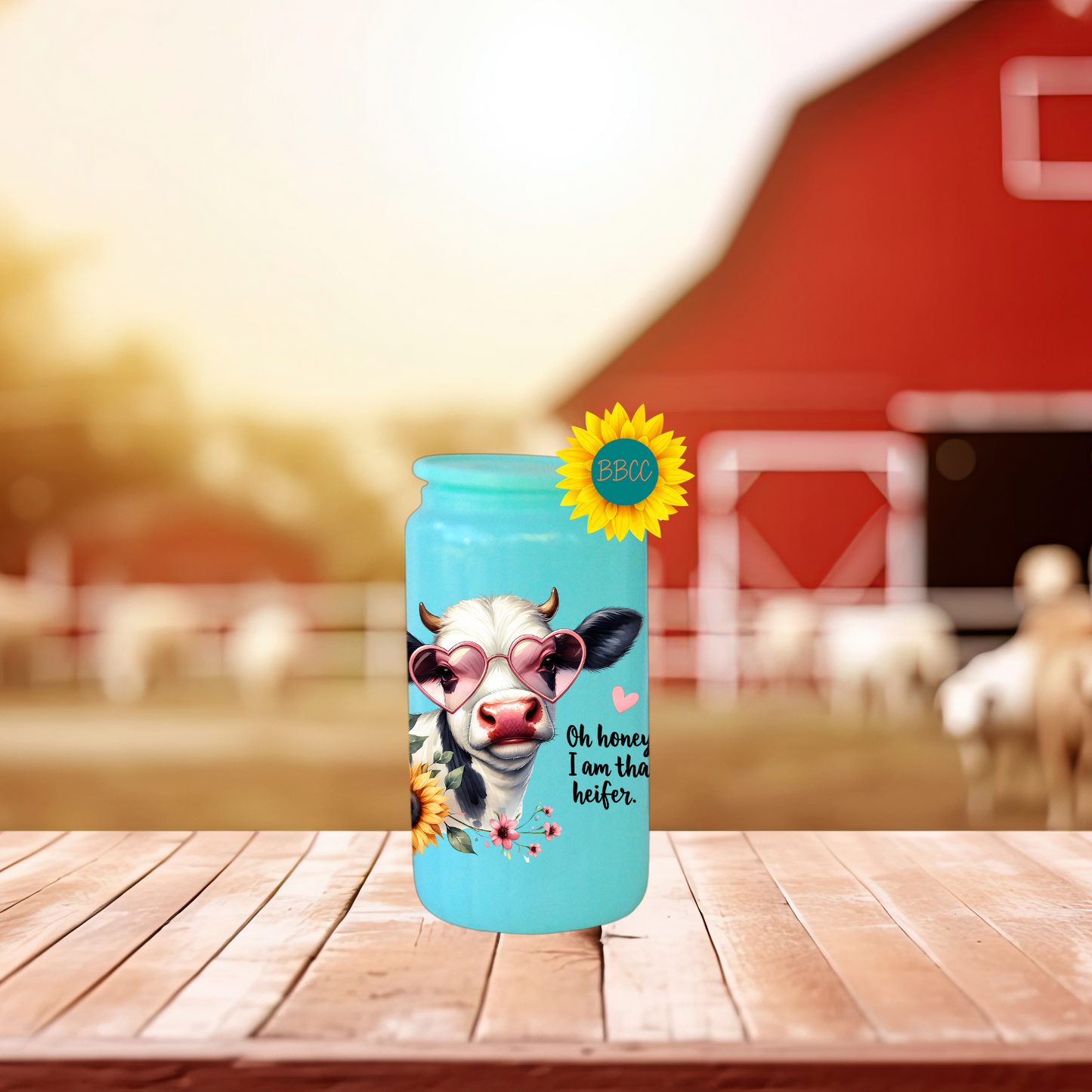 16oz Glass Tumbler – That Heifer Cow with Heart Glasses