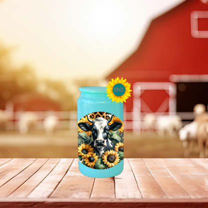 16oz Sunflower Cow Circle Glass Tumbler