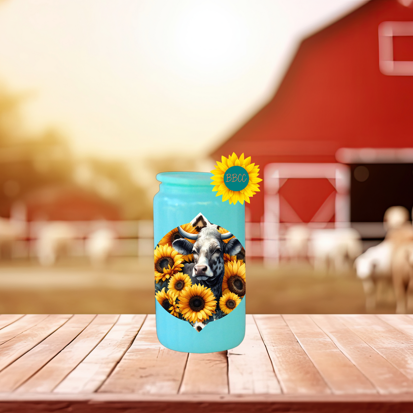 16oz Sunflower Cow Floral Glass Tumbler