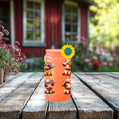 16oz Glass Tumbler – Highland Cow Summer Hats