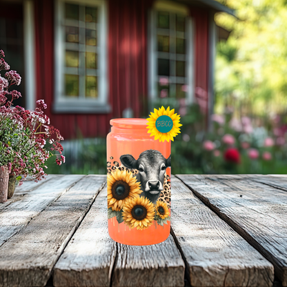 16oz Sunflower Cow Glass Tumbler