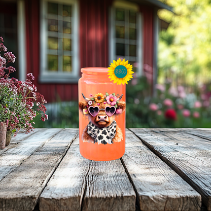 16oz Glass Tumbler – Floral Highland Cow