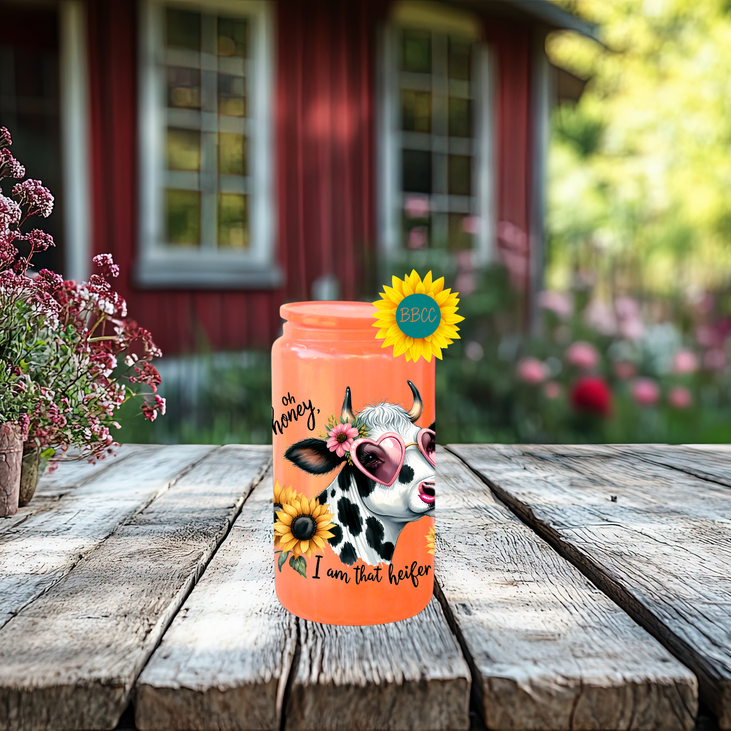 16oz Glass Tumbler – Sassy Cow Oh Honey That Heifer Design
