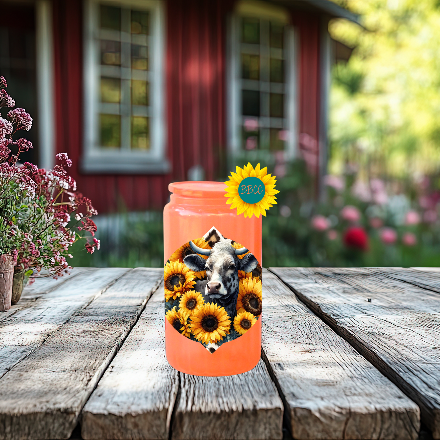 16oz Sunflower Cow Floral Glass Tumbler