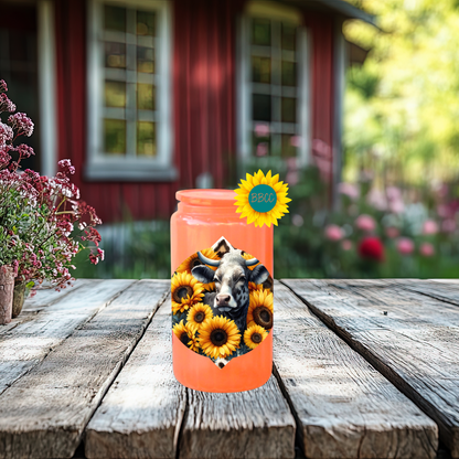 16oz Sunflower Cow Floral Glass Tumbler