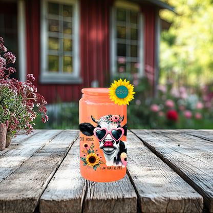 16oz Glass Tumbler – Floral Heifer Cow with Sunglasses