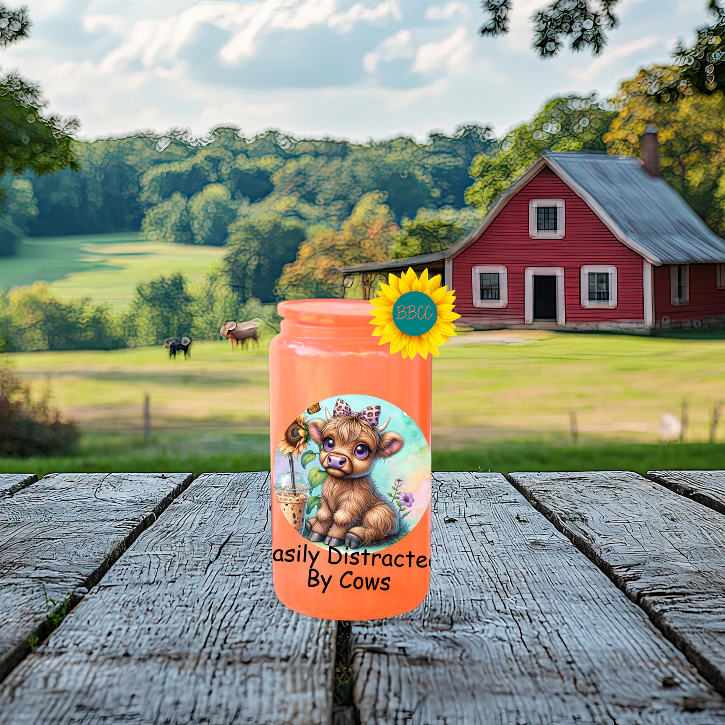 16oz Glass Tumbler – Easily Distracted by Cows