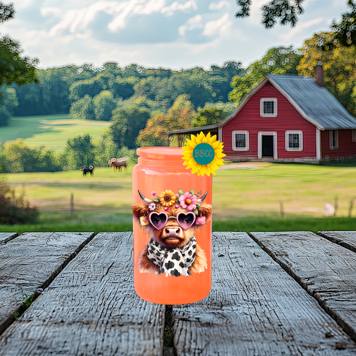 16oz Glass Tumbler – Floral Highland Cow