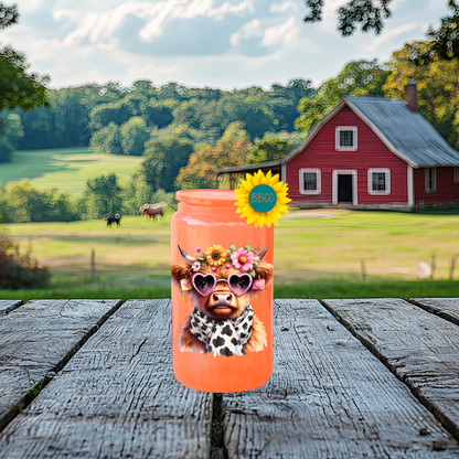 16oz Glass Tumbler – Floral Highland Cow