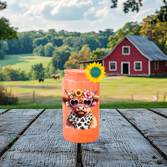 16oz Glass Tumbler – Floral Highland Cow