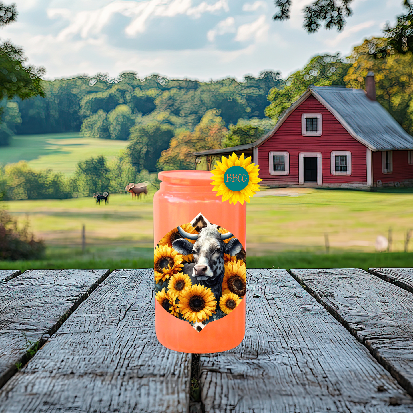 16oz Sunflower Cow Floral Glass Tumbler