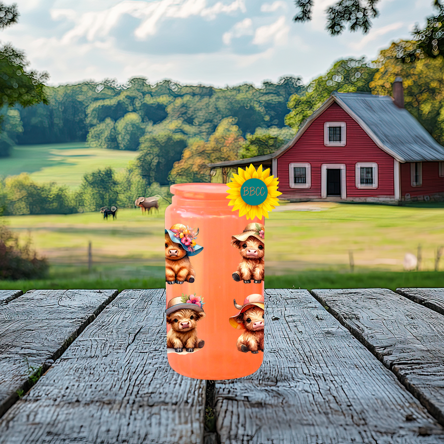 16oz Glass Tumbler – Highland Cow Summer Hats
