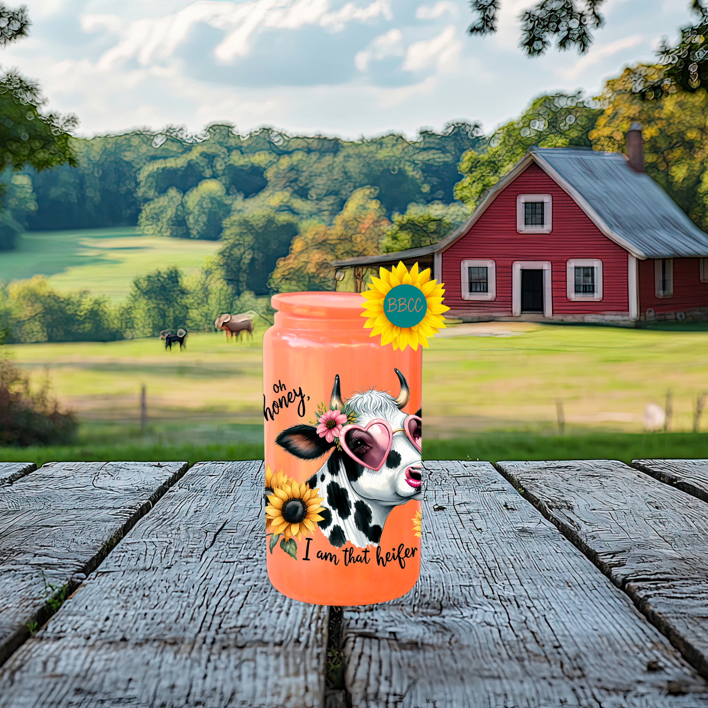 16oz Glass Tumbler – Sassy Cow Oh Honey That Heifer Design
