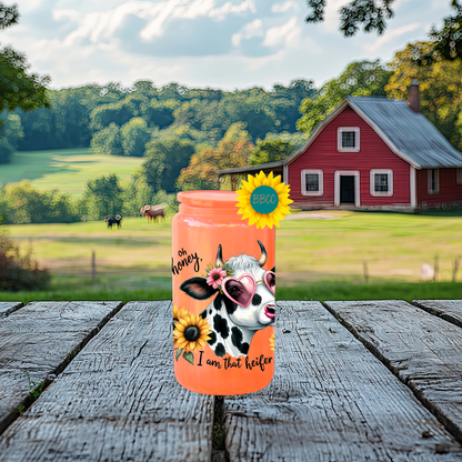 16oz Glass Tumbler – Sassy Cow Oh Honey That Heifer Design