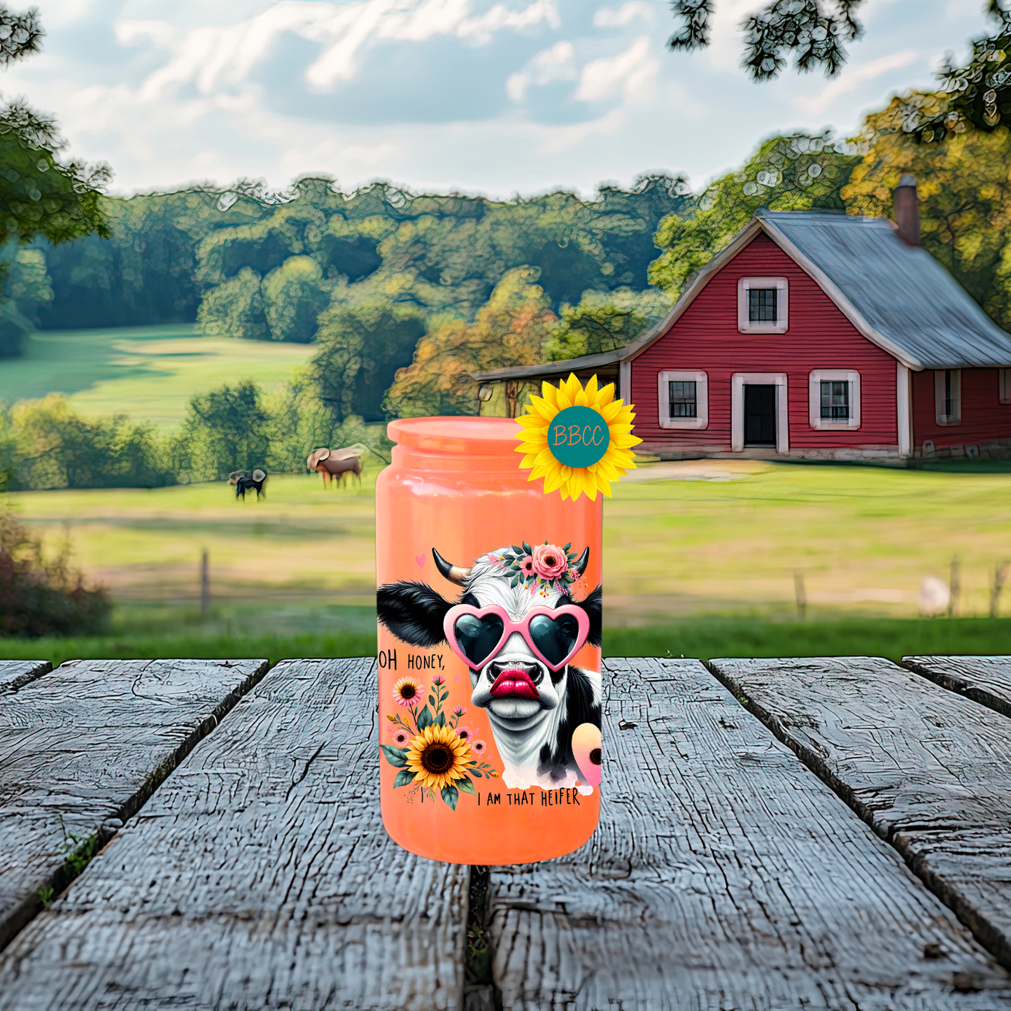 16oz Glass Tumbler – Floral Heifer Cow with Sunglasses