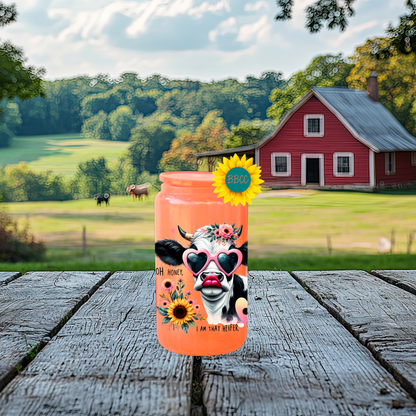 16oz Glass Tumbler – Floral Heifer Cow with Sunglasses