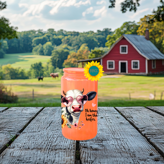16oz Glass Tumbler – That Heifer Cow with Heart Glasses