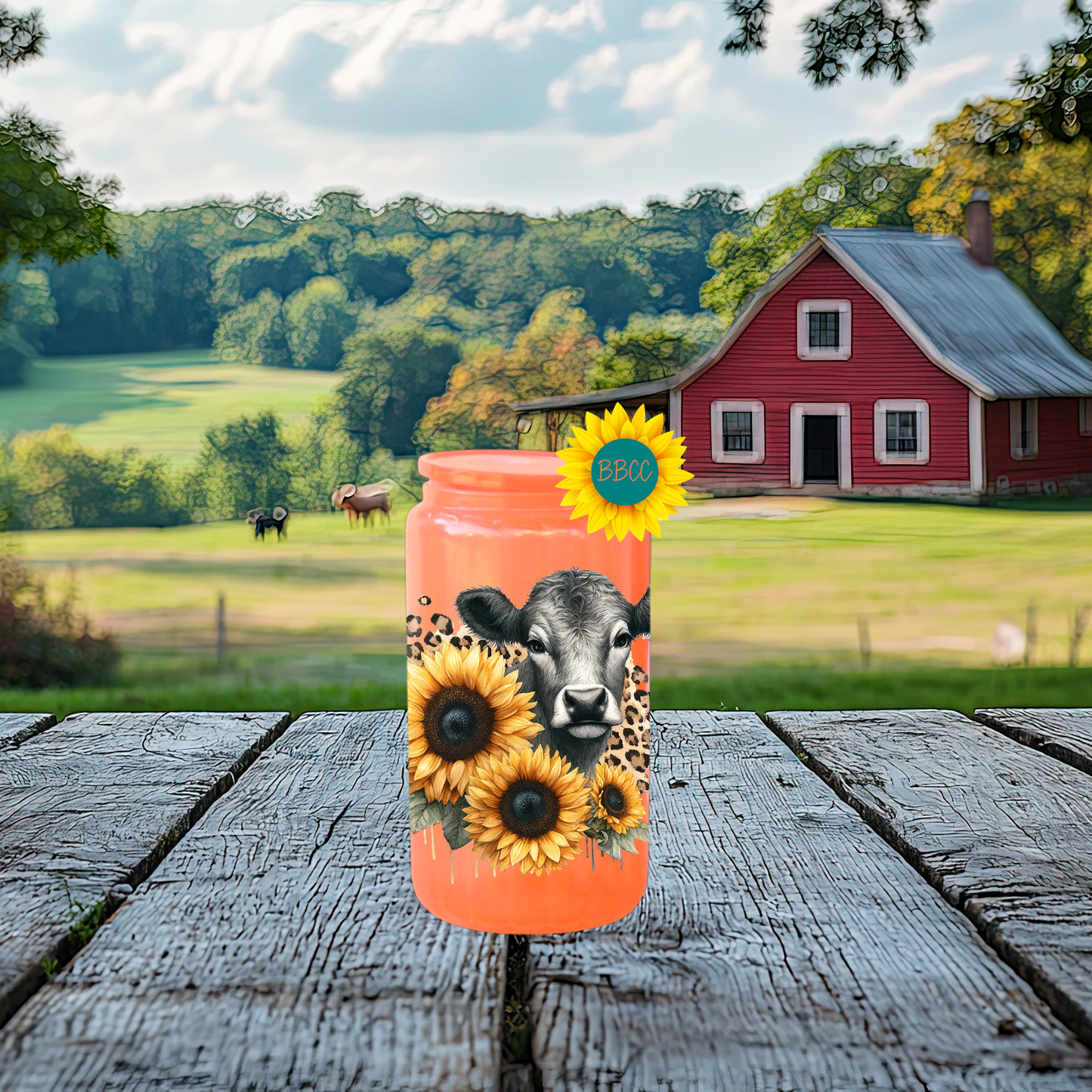 16oz Sunflower Cow Glass Tumbler
