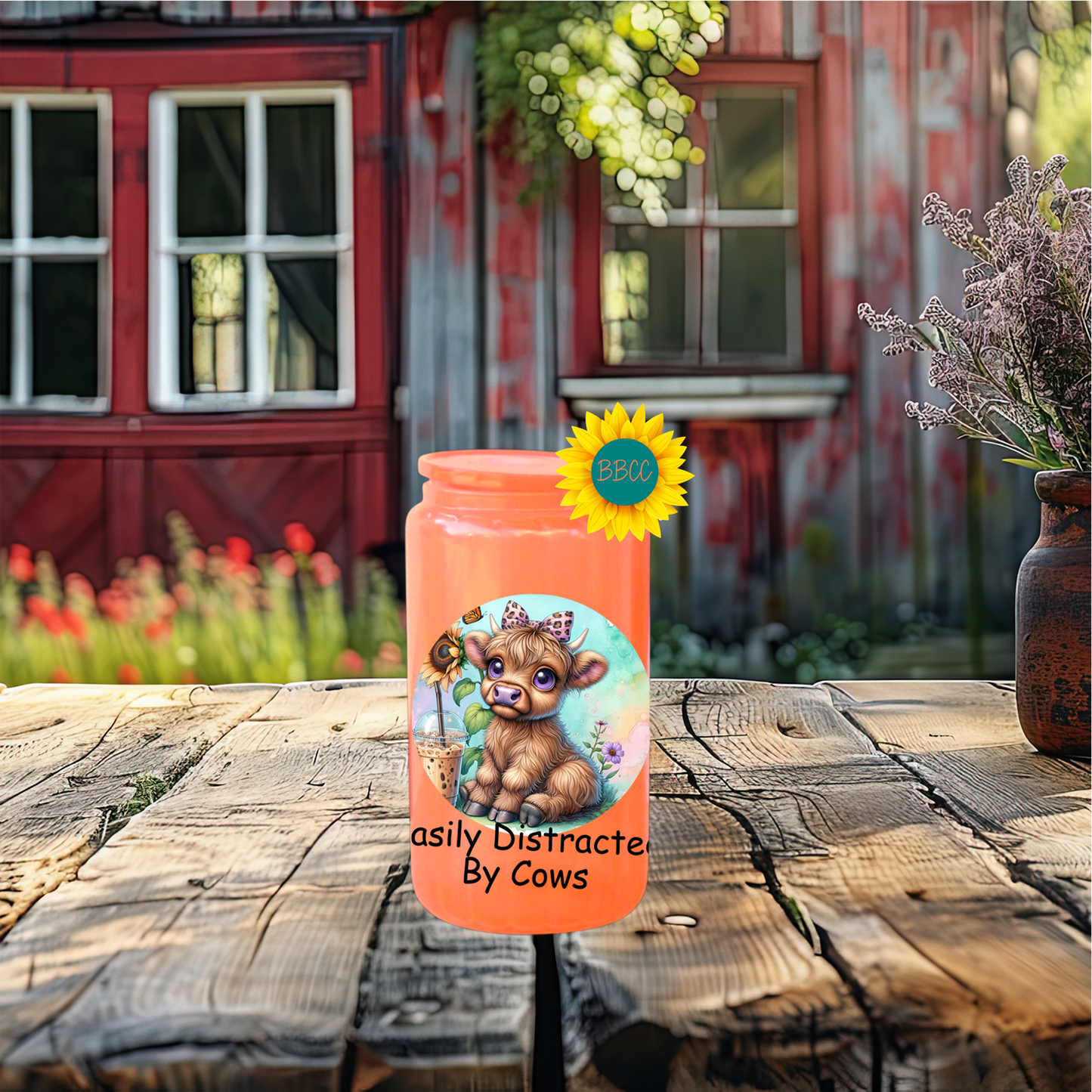 16oz Glass Tumbler – Easily Distracted by Cows