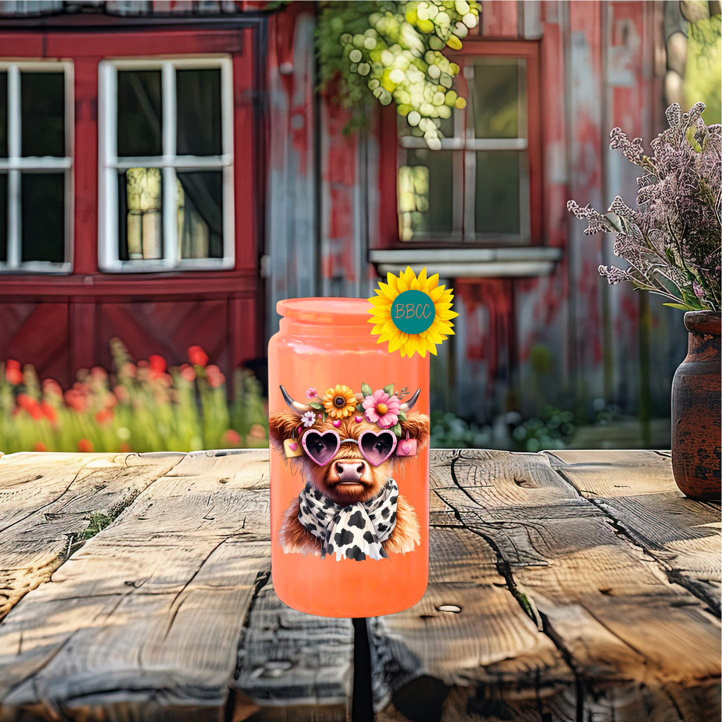 16oz Glass Tumbler – Floral Highland Cow
