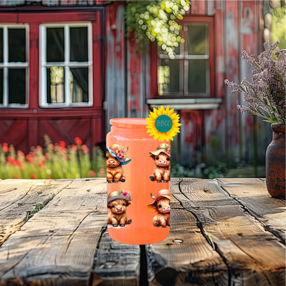 16oz Glass Tumbler – Highland Cow Summer Hats