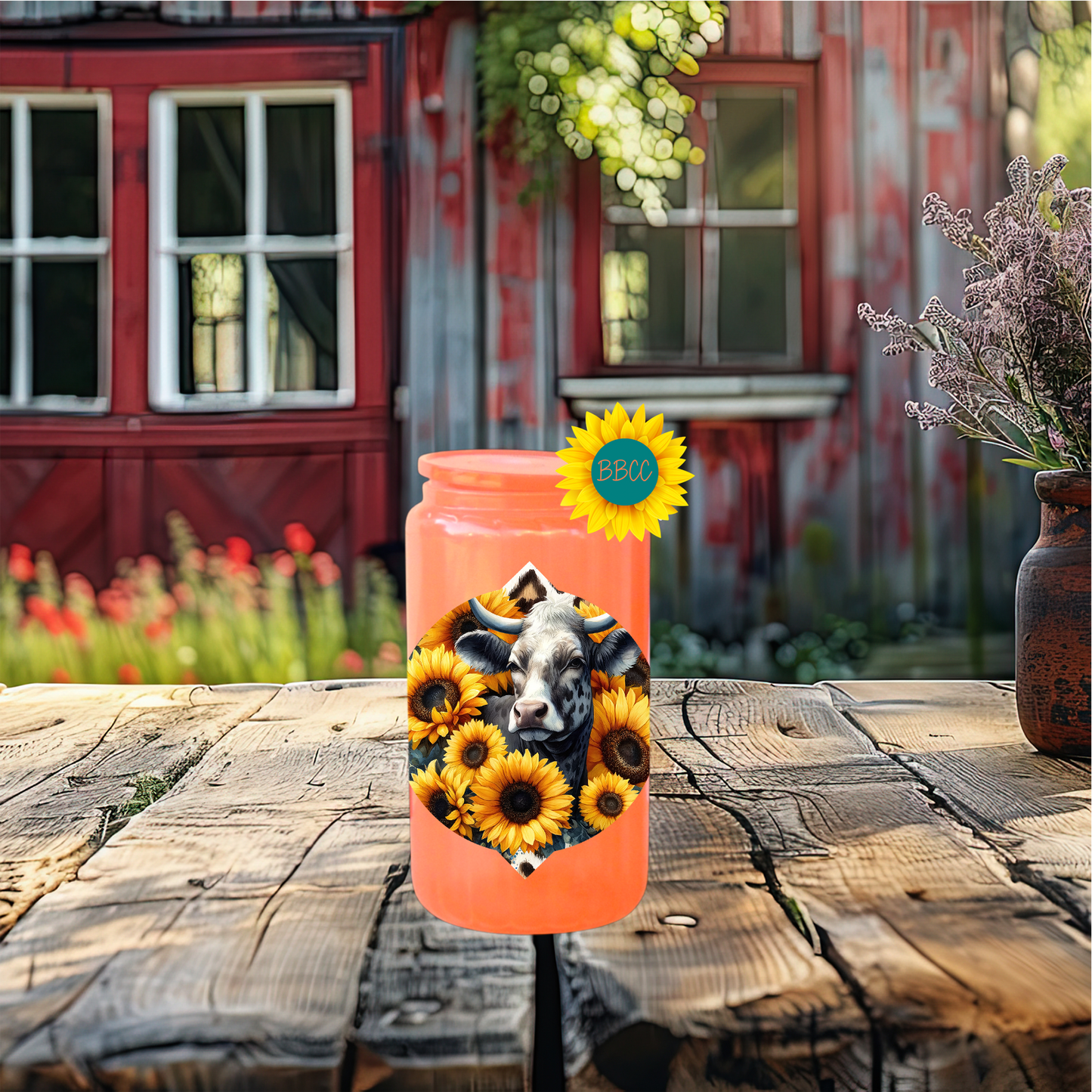 16oz Sunflower Cow Floral Glass Tumbler
