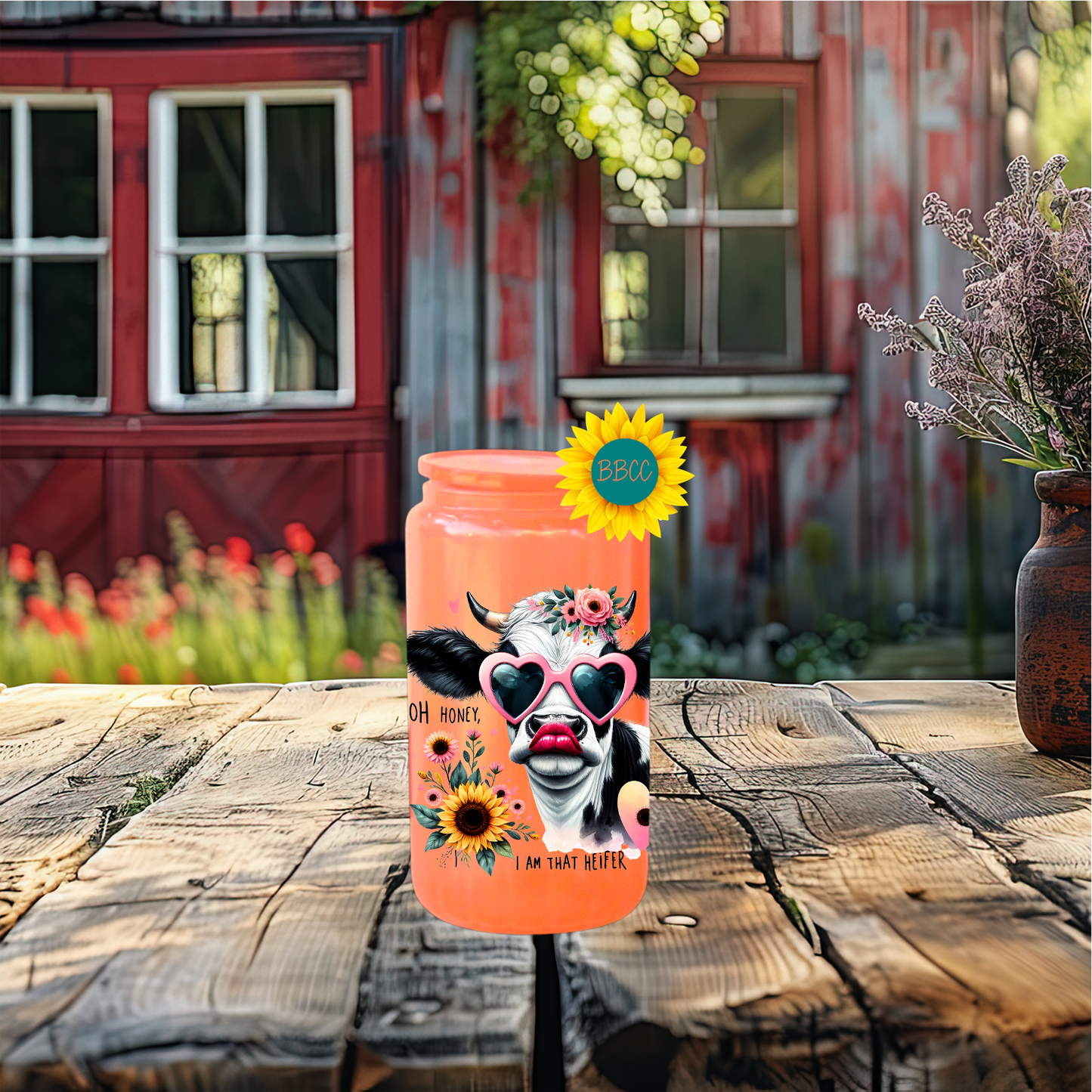 16oz Glass Tumbler – Floral Heifer Cow with Sunglasses