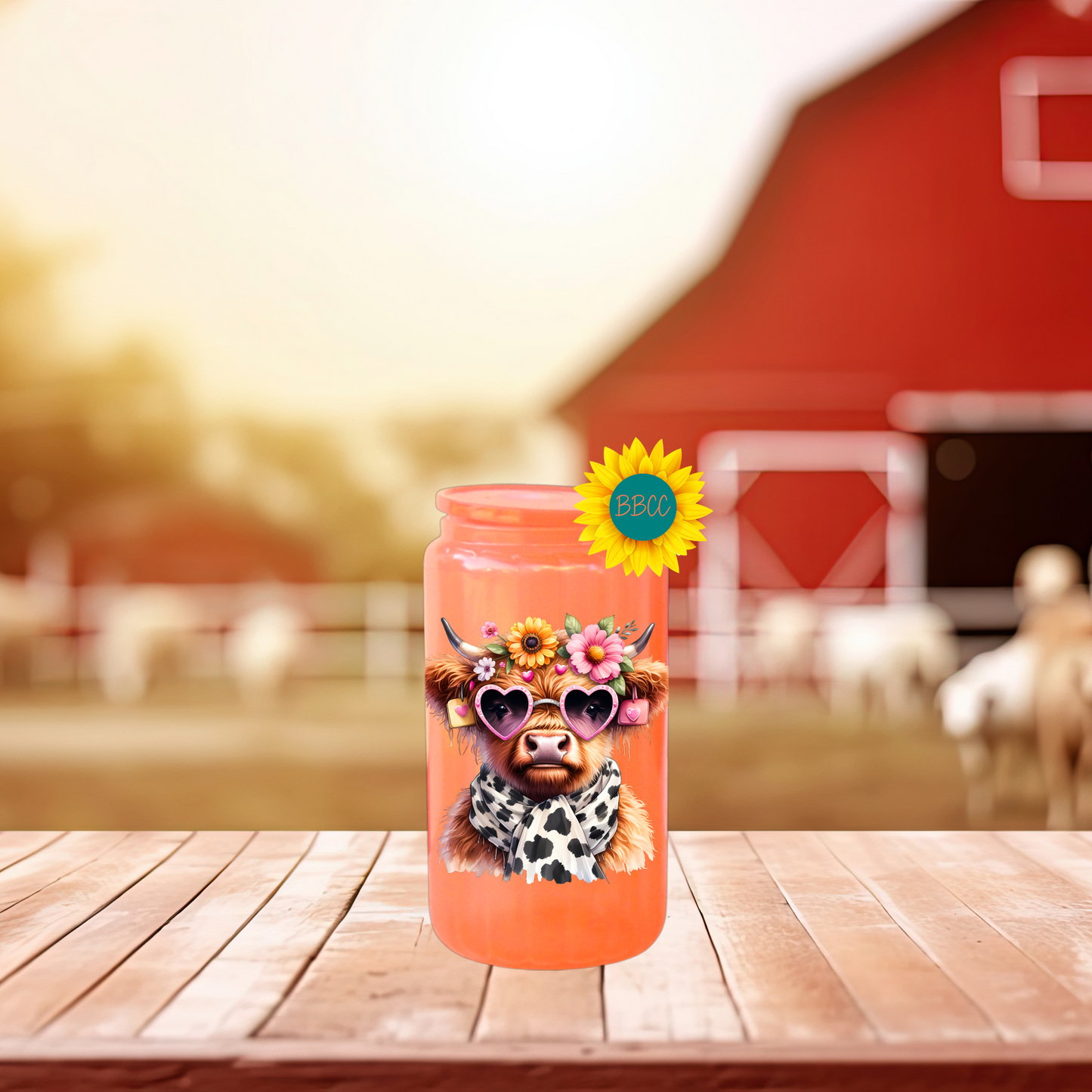 16oz Glass Tumbler – Floral Highland Cow