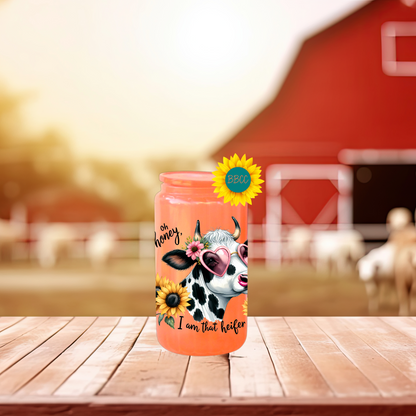 16oz Glass Tumbler – Sassy Cow Oh Honey That Heifer Design
