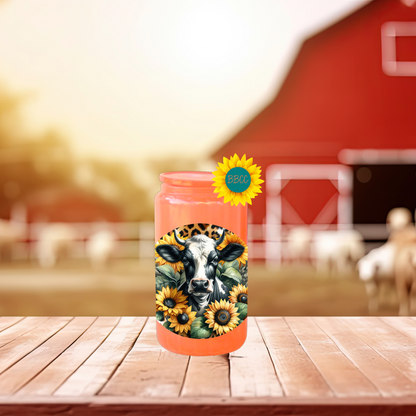 16oz Sunflower Cow Circle Glass Tumbler